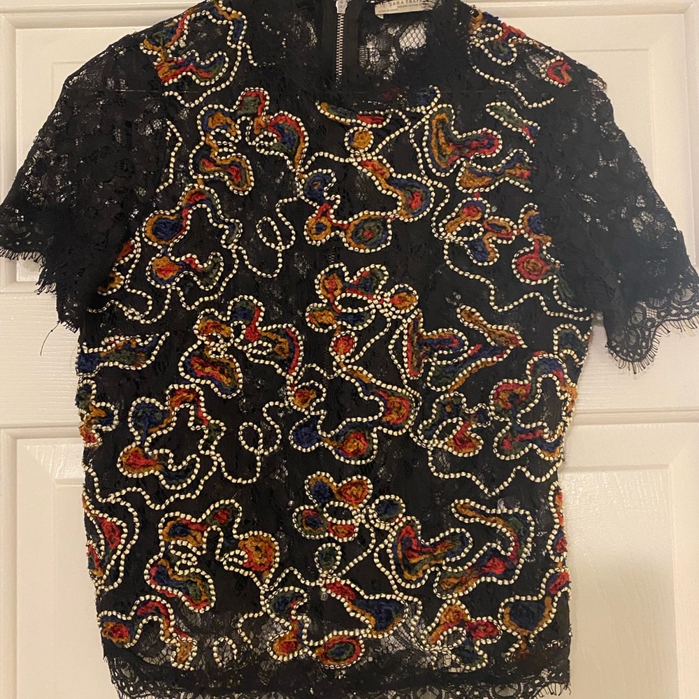 Zara Beaded and Embroidered Black Top